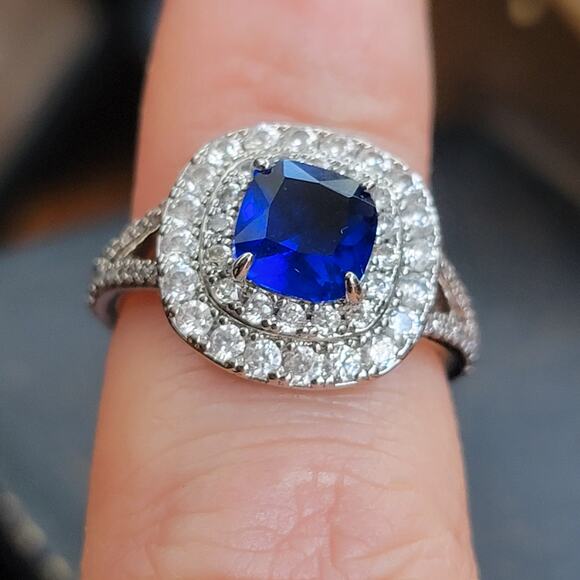 Rhodium Plated Simulated Sapphire Halo Ring - Size 7 - Double Halo Brilliance - Picture 1 of 11